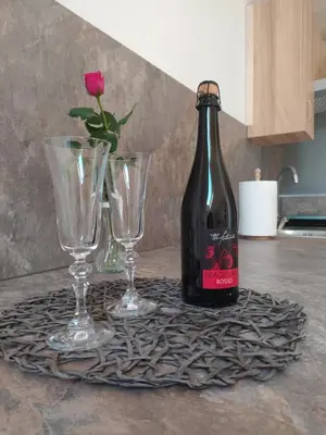 a bottle of wine and two glasses on a table at Noclegi przy Skawie in Zator