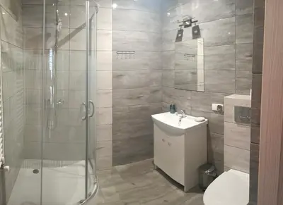 a bathroom with a shower and a sink and a toilet at Noclegi przy Skawie in Zator