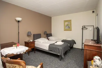 a hotel room with two beds and a television at Noclegi Pod Dębem u Jakuba in Niepołomice