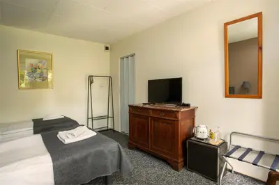 a hotel room with a bed and a television at Noclegi Pod Dębem u Jakuba in Niepołomice
