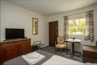 a bedroom with a bed and a television and a chair at Noclegi Pod Dębem u Jakuba in Niepołomice