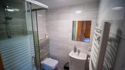 a bathroom with a toilet and a sink and a shower at U Jędrusia in Zubrzyca Górna