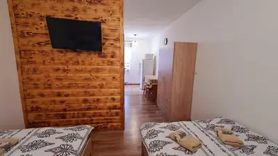a room with two beds and a television on a wall at U Jędrusia in Zubrzyca Górna