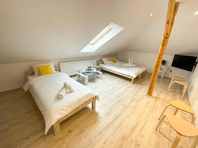 a bedroom with two beds and a skylight at Land House in Zator
