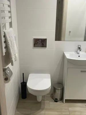 a white bathroom with a toilet and a sink at Land House in Zator