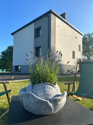 three green chairs and a table with a sunset at Land House in Zator