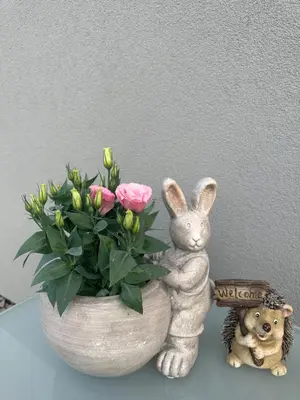a statue of a bunny next to a vase of flowers at Land House in Zator