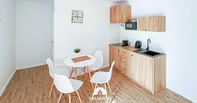 a kitchen with a table and white chairs in a room at Tramonto Apartments Zator Przeciszów in Zator