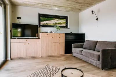 a living room with a couch and a flat screen tv at Gorczańskie Zacisze in Lubomierz