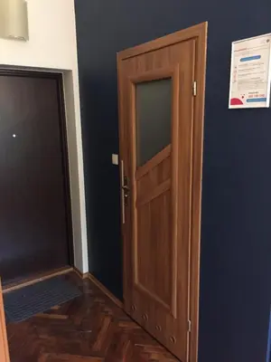 a wooden door in a room with a blue wall at Lilia in Kraków