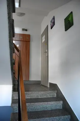 a hallway with stairs and a wooden door at Apartament Night Premium Krakow in Kraków