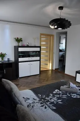 a living room with a bed and a television at Apartament Night Premium Krakow in Kraków