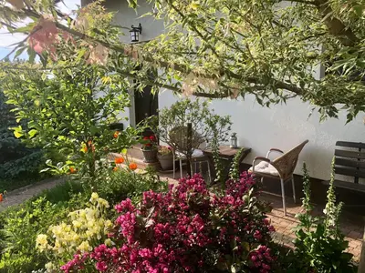 a garden with flowers and chairs and a building at Solny Domek Salt House in Wieliczka