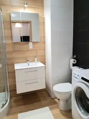 a bathroom with a toilet sink and a washing machine at Cozy modern Apartment ASTORIA MAGIC GREY OLD TOWN in Kraków