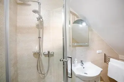 a bathroom with a shower and a sink at Orawskie Wyrko in Zubrzyca Górna