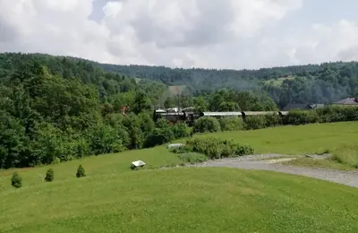 a green field with a train in the distance at Nad Strumykiem in Mszana Dolna