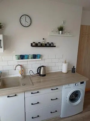 a kitchen with a sink and a washing machine at Górskie Marzenie - apartament w spokojnej okolicy z sauną blisko energylandii in Przeciszów