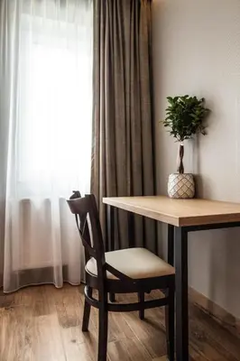 a table and a chair next to a window with a plant at Hotel Rancho Pcim in Pcim