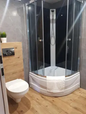 a bathroom with a shower and a toilet at Kameralny in Przeciszów
