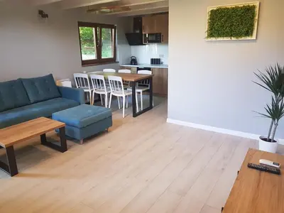 a living room with a couch and a table at Kameralny in Przeciszów
