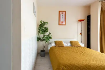 a bedroom with a bed and a potted plant at Cozy modern Apartment ASTORIA MAGIC ORANGE OLD TOWN in Kraków