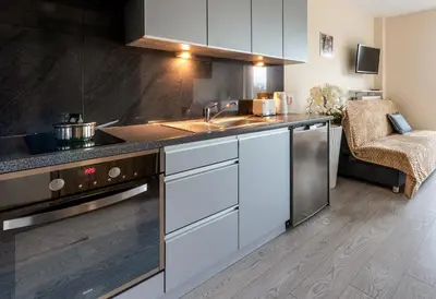 a kitchen with a sink and a stove at Cozy modern Apartment ASTORIA MAGIC ORANGE OLD TOWN in Kraków