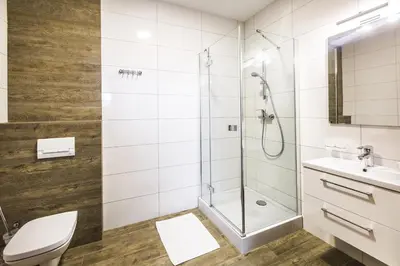 a bathroom with a shower and a toilet and a sink at BABIOGÓRSKA B&B in Zubrzyca Górna