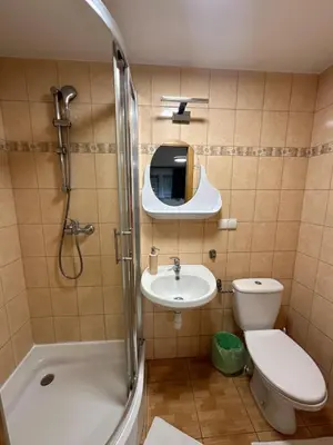 a bathroom with a sink and a toilet and a shower at Willa Kryspinów in Kraków