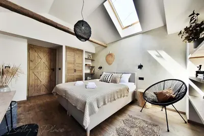 a bedroom with a bed and a ceiling with skylights at Betty's Place in Zabierzów