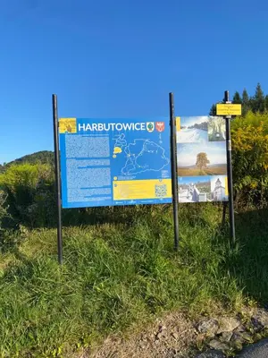 a sign on the side of a road at Dom Na Wzgórzu 479, The House on the hill in Sułkowice