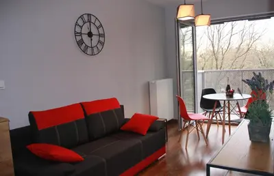 a living room with a couch and a clock on the wall at Niko Apartments 1 in Kraków
