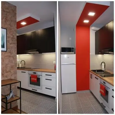 two pictures of a kitchen with a red wall at Niko Apartments 1 in Kraków