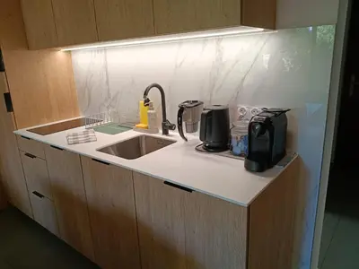 a kitchen with a sink and a counter top at Apartament Lena Stare Miasto in Kraków