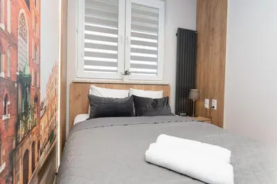 a bedroom with a large bed with a window at Comfort, prestige, best location Romanowicza 1 in Kraków