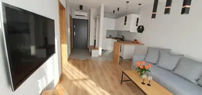 a living room with a couch and a large flat screen tv at APARTAMENT DĄBSKA 24 TAURON ARENA in Kraków