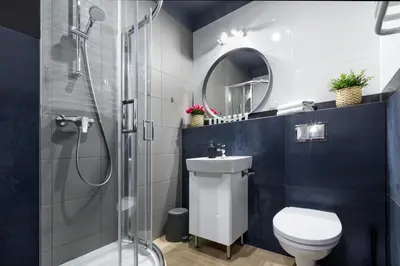 a bathroom with a shower and a toilet and a sink at Friendhouse Residence in Kraków