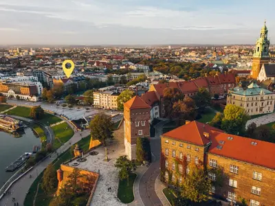 an aerial view of a city with a hot air balloon at Stylish apartment close to Wawel, Old Town Studio, Main Sq. 3 min in Kraków