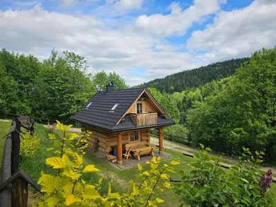 a cabin in the woods with a black roof at Osada Mała Kozówka in Myślenice