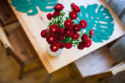 a vase filled with red flowers on a table at Vintage Tomasza 25 Apartments in Kraków