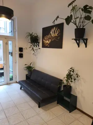 a black couch in a living room with potted plants at Hostel Cinnamon in Kraków
