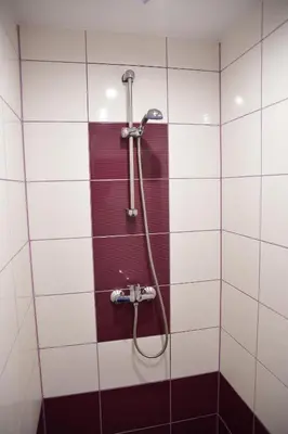 a shower in a bathroom with red and white tiles at Kompleks Rekreacyjno-Wypoczynkowy i Restauracja STRUMYK in Jordanów