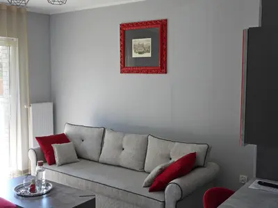 a living room with a gray couch with red pillows at Apartament A2D Kraków in Kraków