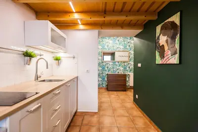 a kitchen with white cabinets and a green wall at VINTAGE SZPITALNA APARTMENT in Kraków