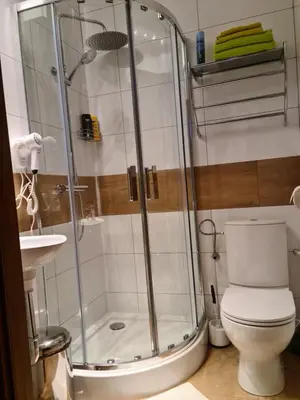 a bathroom with a shower with a toilet and a sink at AMBER APATRTAMENt 7 in Kraków