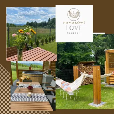 a collage of pictures of a garden with a hammock and a sign at HamakoweLove in Dąbrówka