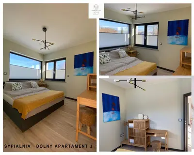 two pictures of a bedroom with two beds and windows at HamakoweLove in Dąbrówka