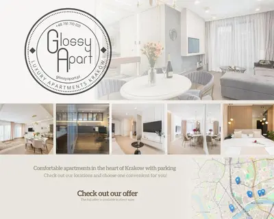 a collage of photos of a living room and dining room at Glossy Apart G9 in Kraków