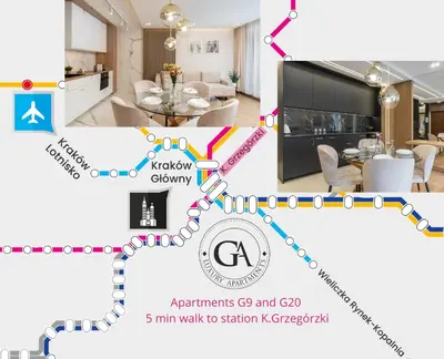 a collage of photos of a living room with a kitchen and a dining area at Glossy Apart G20 in Kraków
