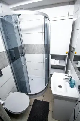 a bathroom with a shower and a toilet and a sink at LION apartments - LaBA in Kraków