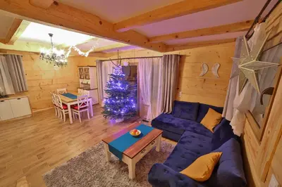 a living room with a blue couch and a christmas tree at Dom na Wichrowym Wzgórzu in Łętownia Dolna
